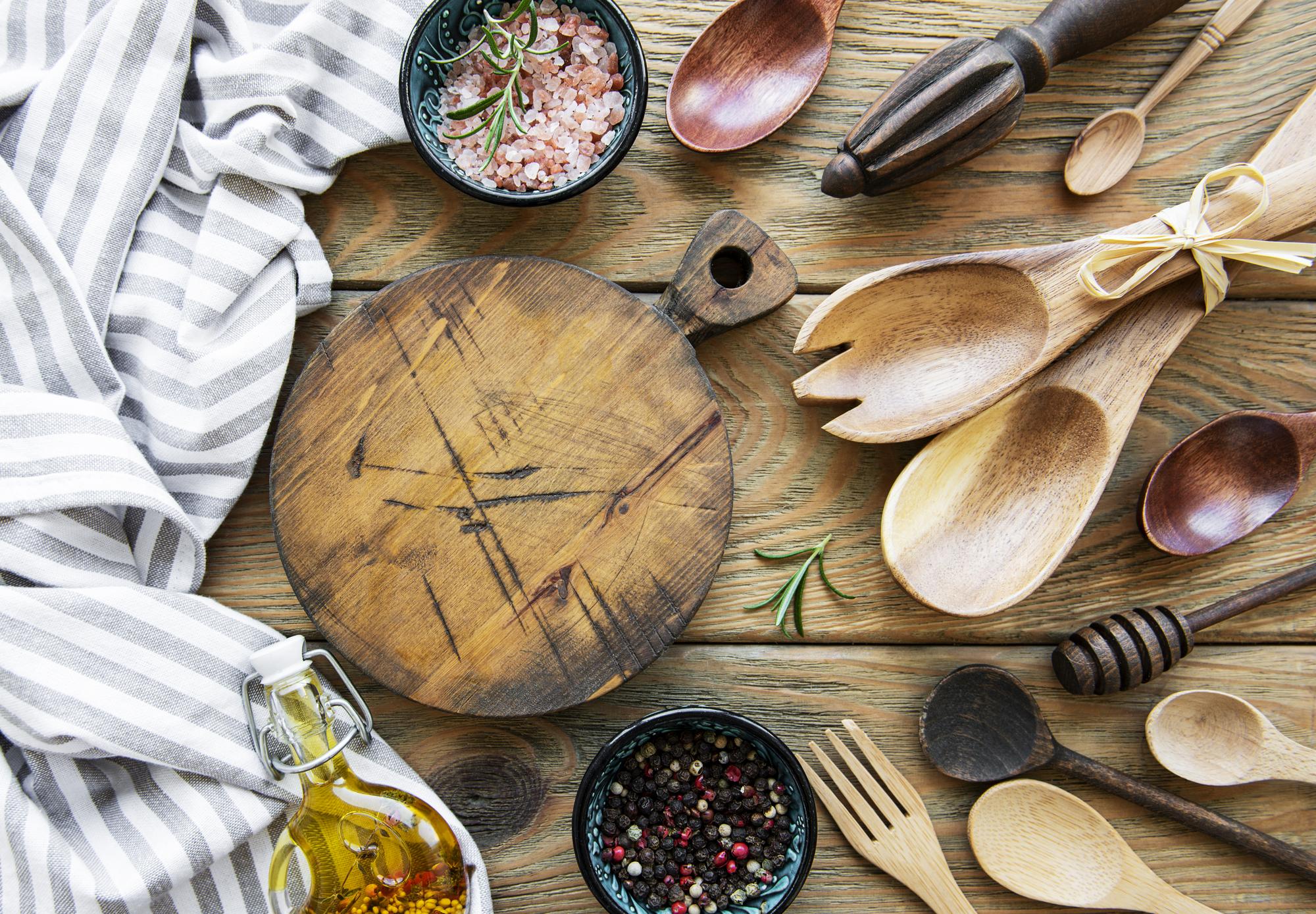 Rustic kitchen workspace with ingredients and utensils