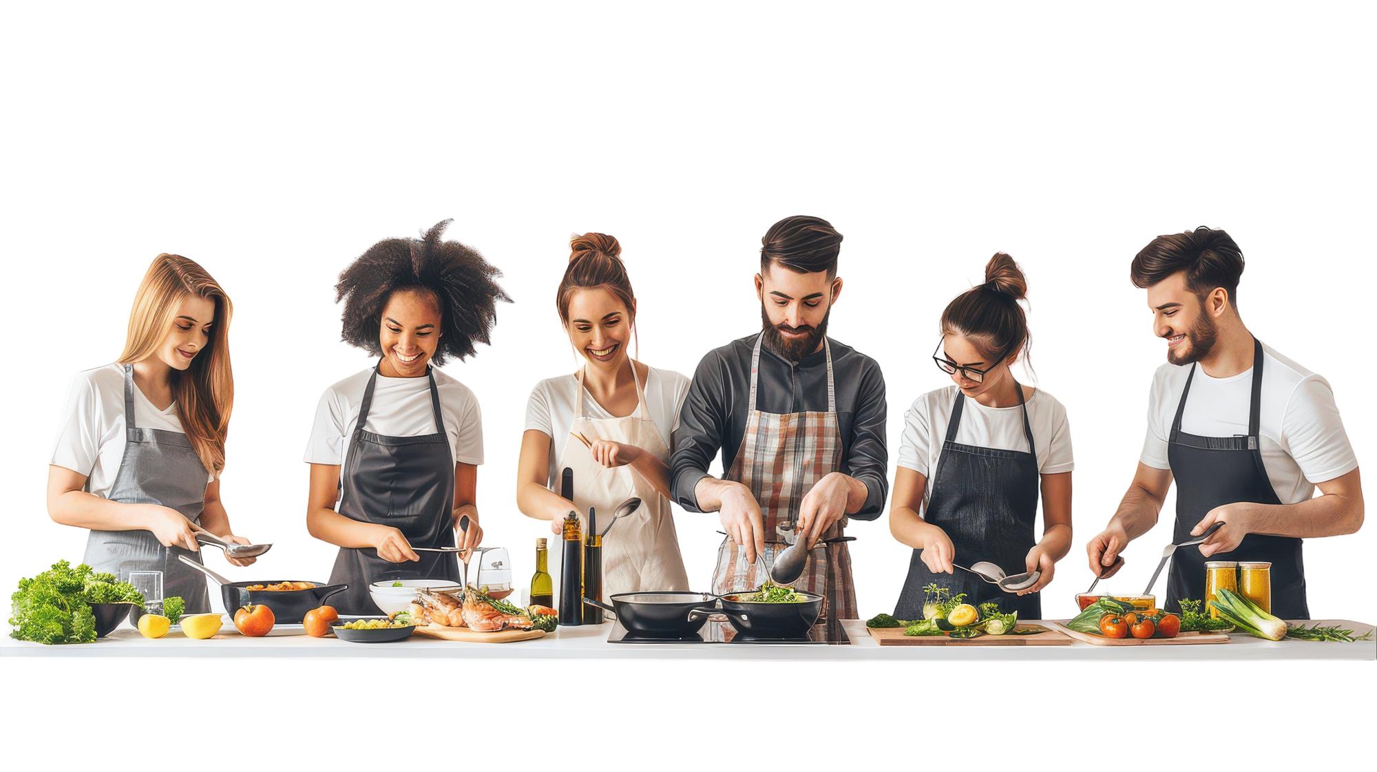 Workshop group cooking together in a bright kitchen