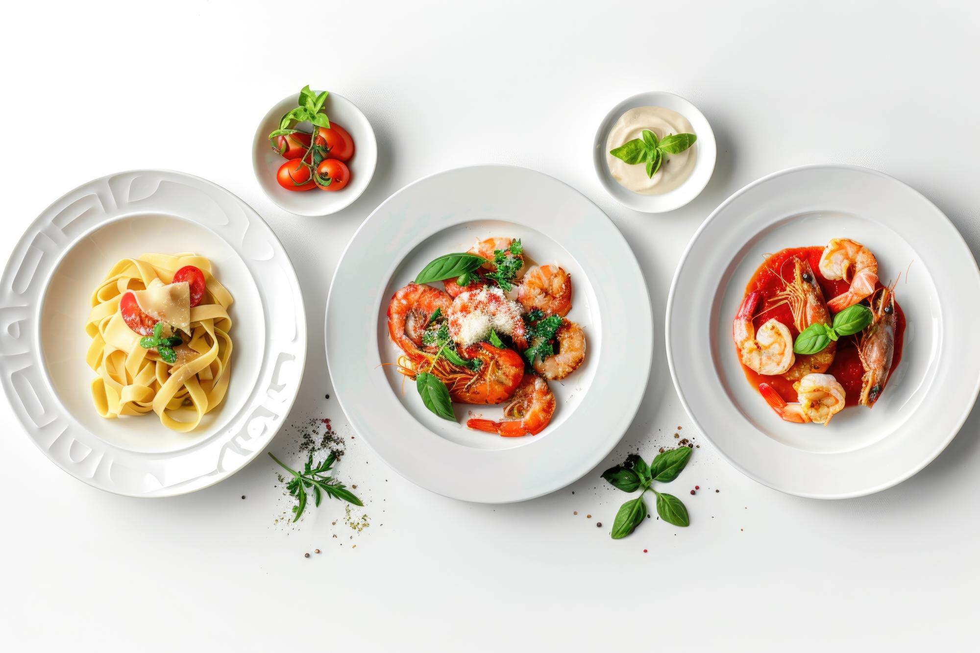 Assorted plated dishes in a studio setting